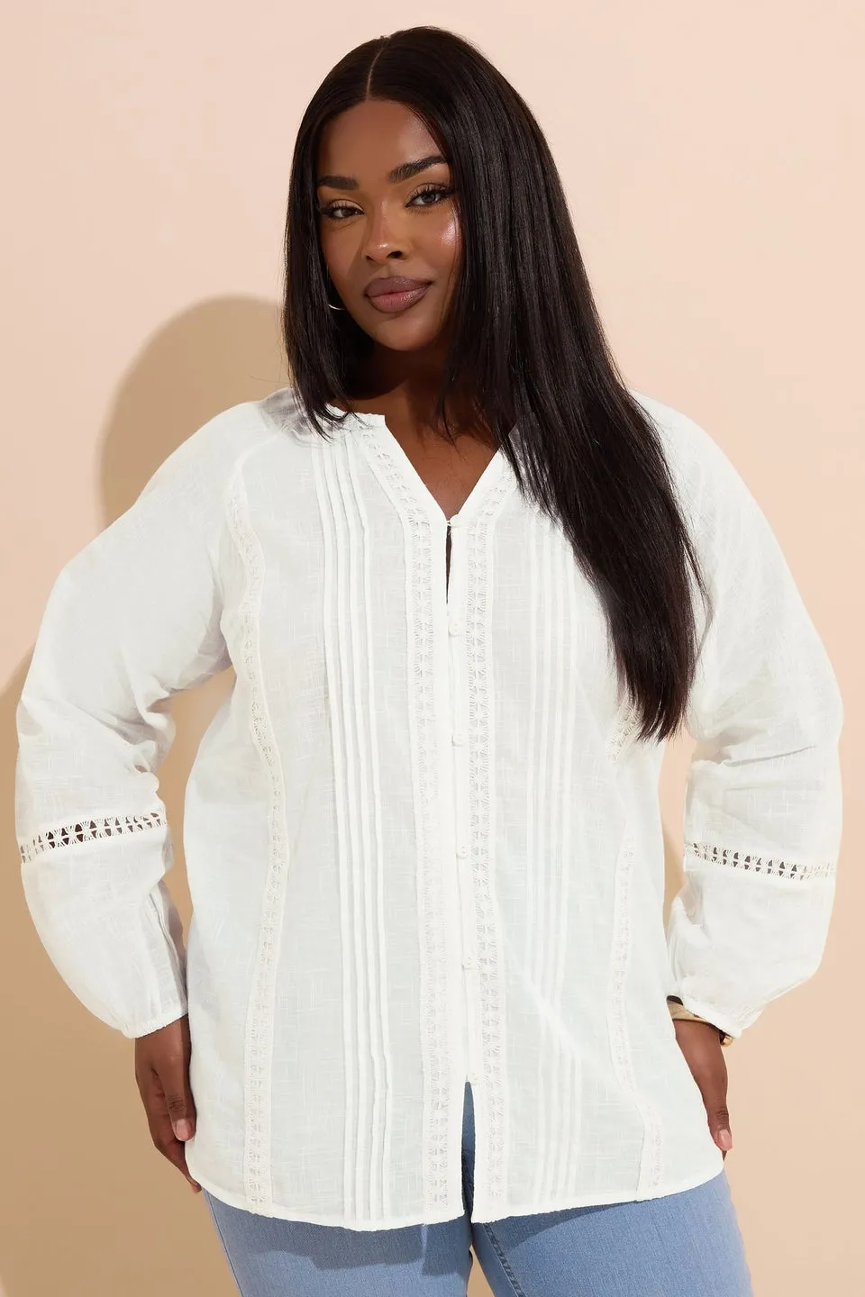 YOURS Curve White Crochet Trim Pleated Blouse