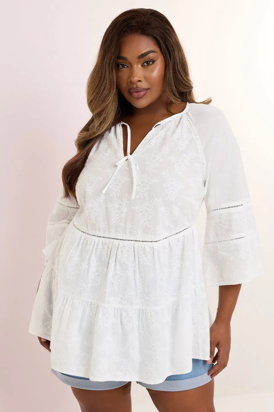 YOURS Curve White Embroidered Tie Front Smock Blouse