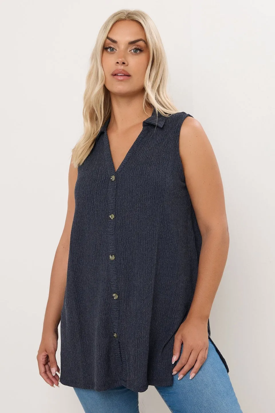 YOURS Curve Navy Blue Textured Sleeveless Shirt