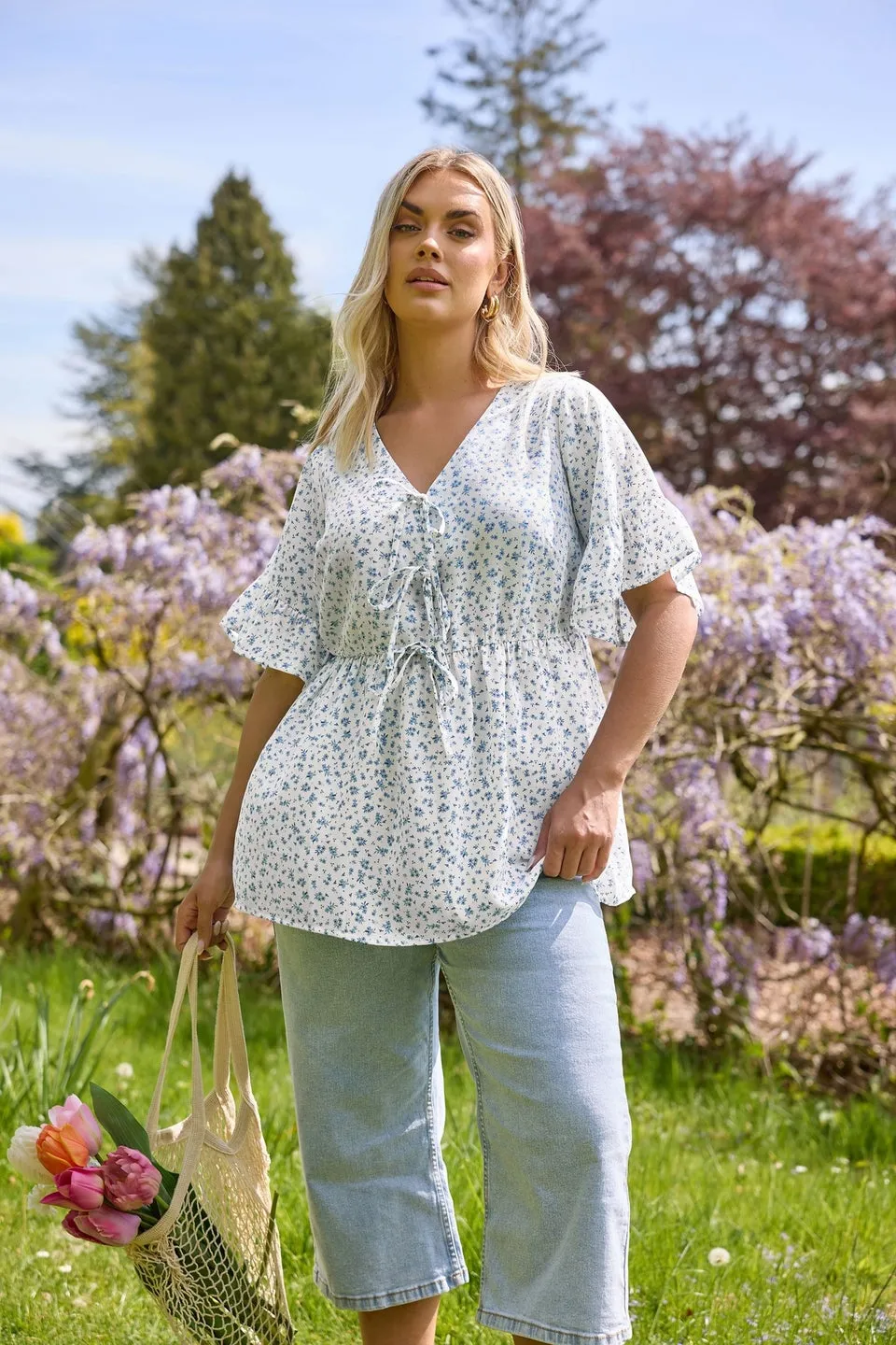 Yours Curve Light Blue Ditsy Floral Tie Front Peplum Top