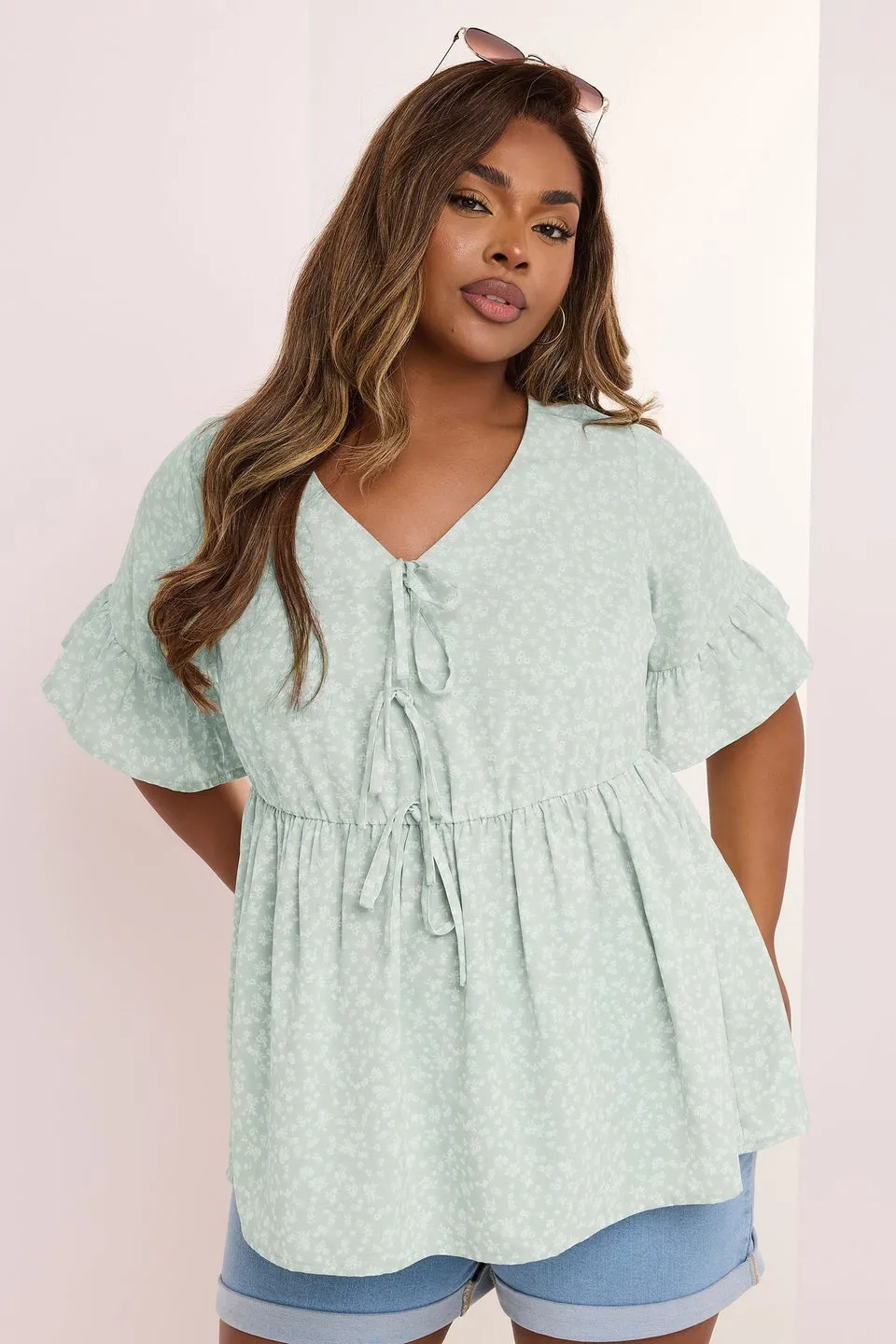 Yours Curve Sage Green Ditsy Floral Tie Front Peplum Top