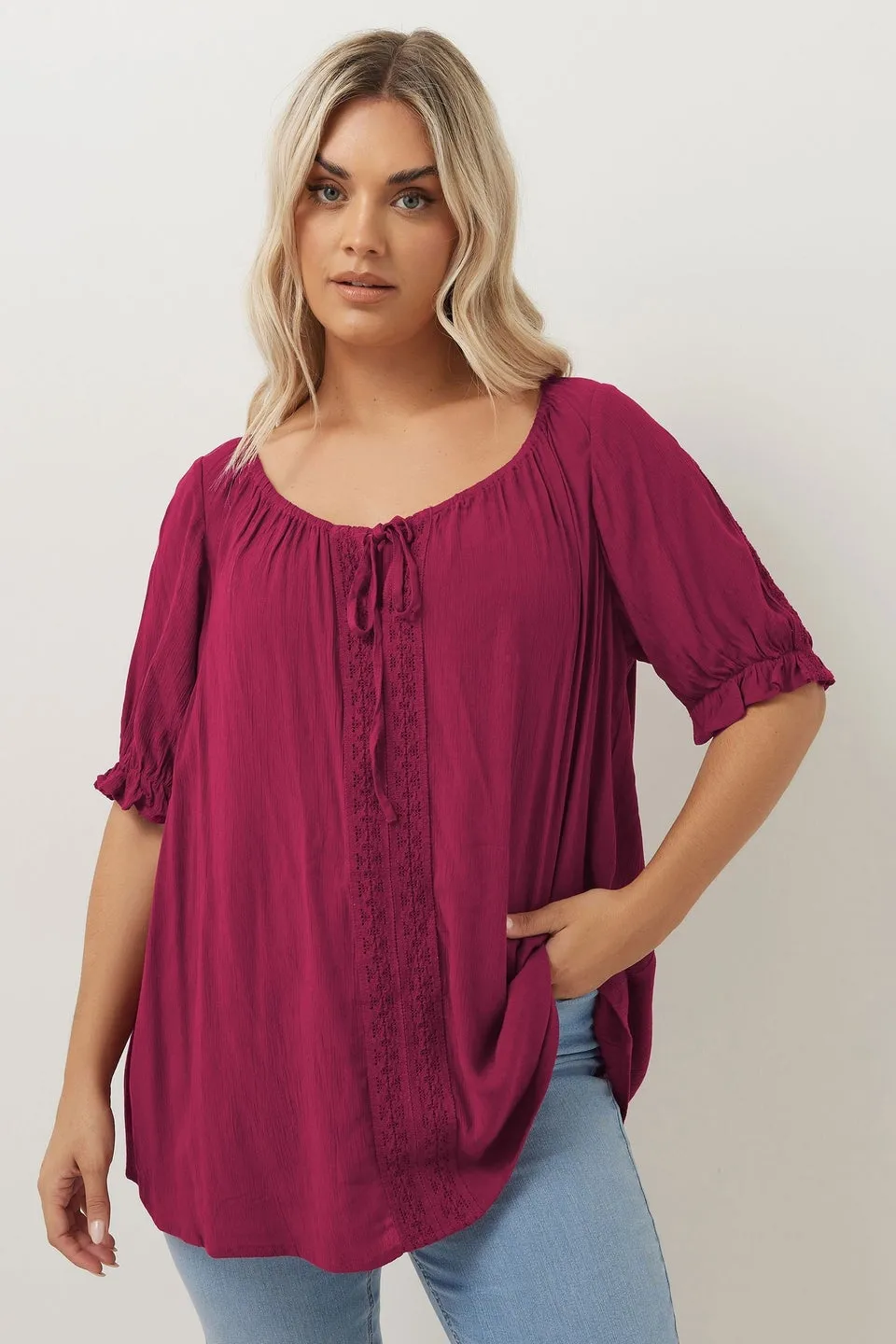 Yours Curve Dark Pink Crochet Detail Tie Front Top