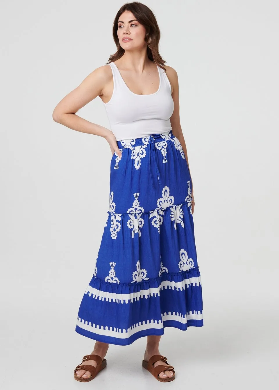 Izabel London Blue Ikat Print Tiered High Waist Midi Skirt