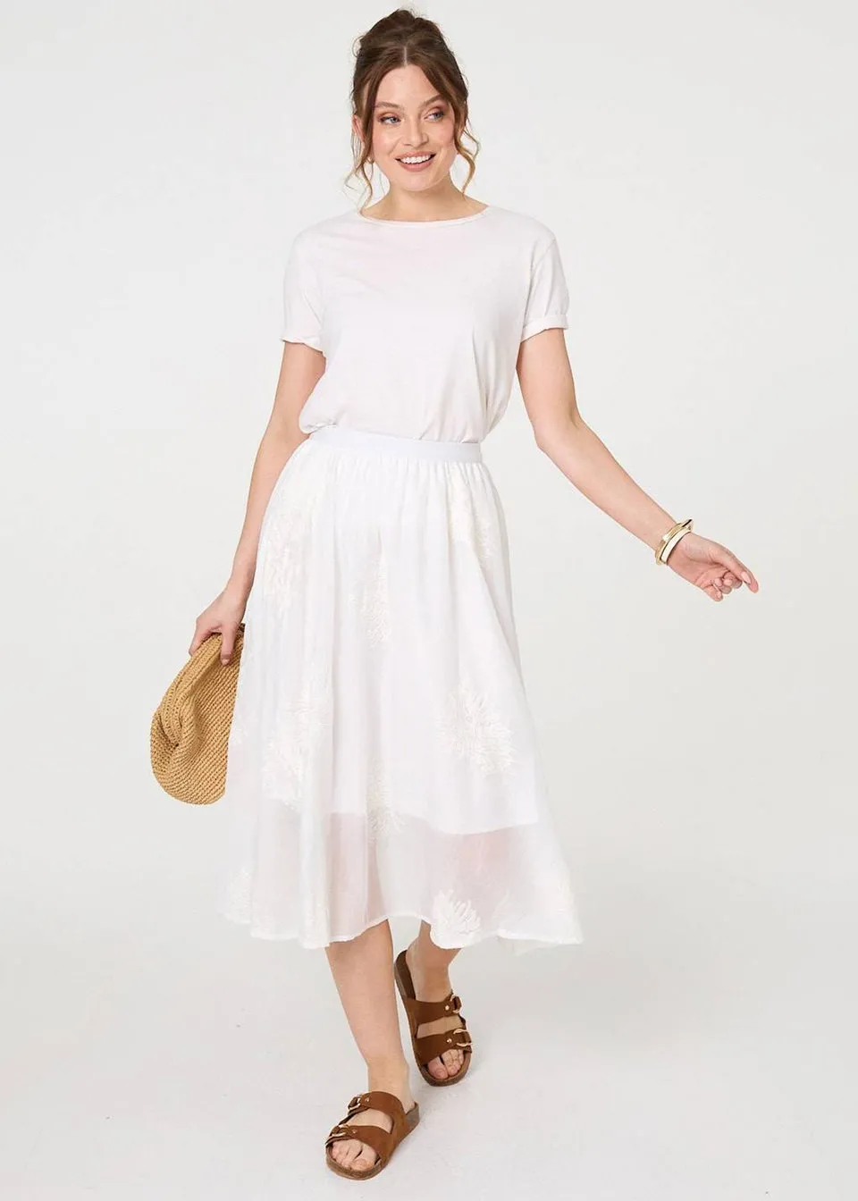 Izabel London White Lace Embellished A-Line Midi Skirt