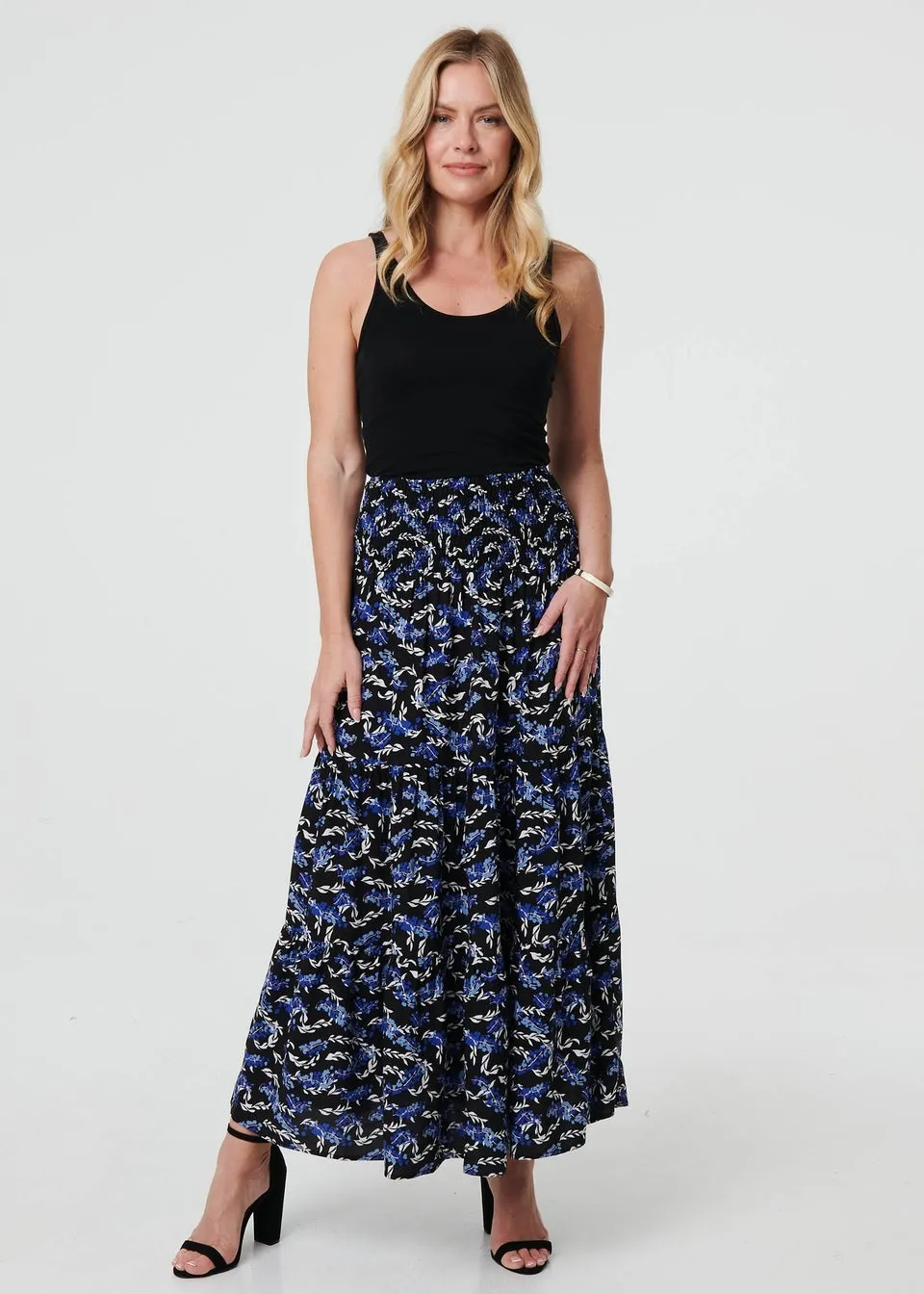 Izabel London Blue Floral High Waist Shirred Maxi Skirt