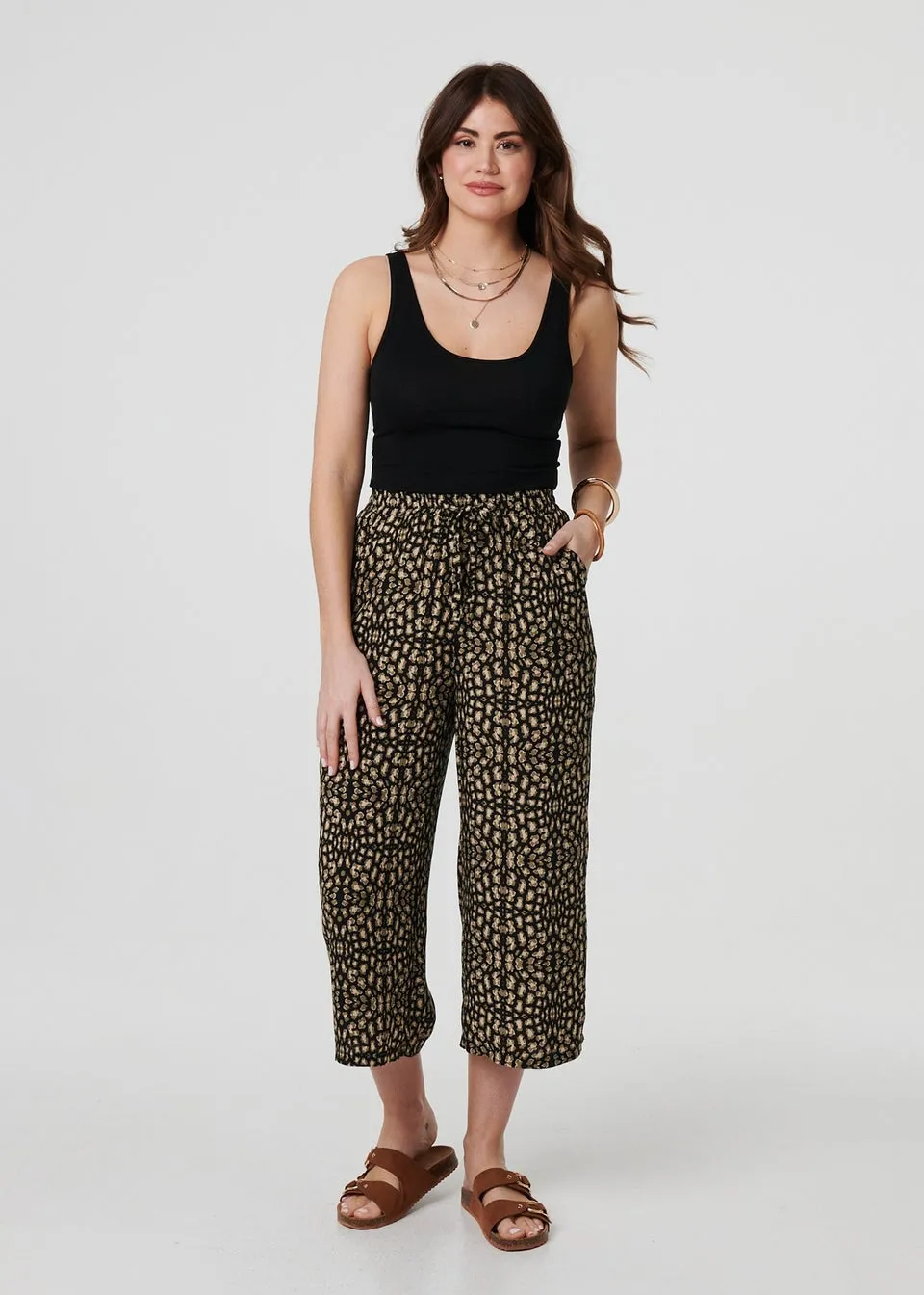 Izabel London Black Printed Drawstring Waist Crop Trousers