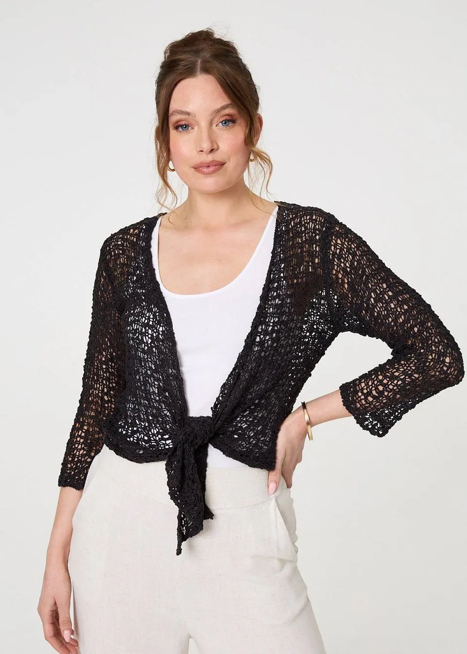 Izabel London Black Crochet Open Knit Waterfall Cardigan