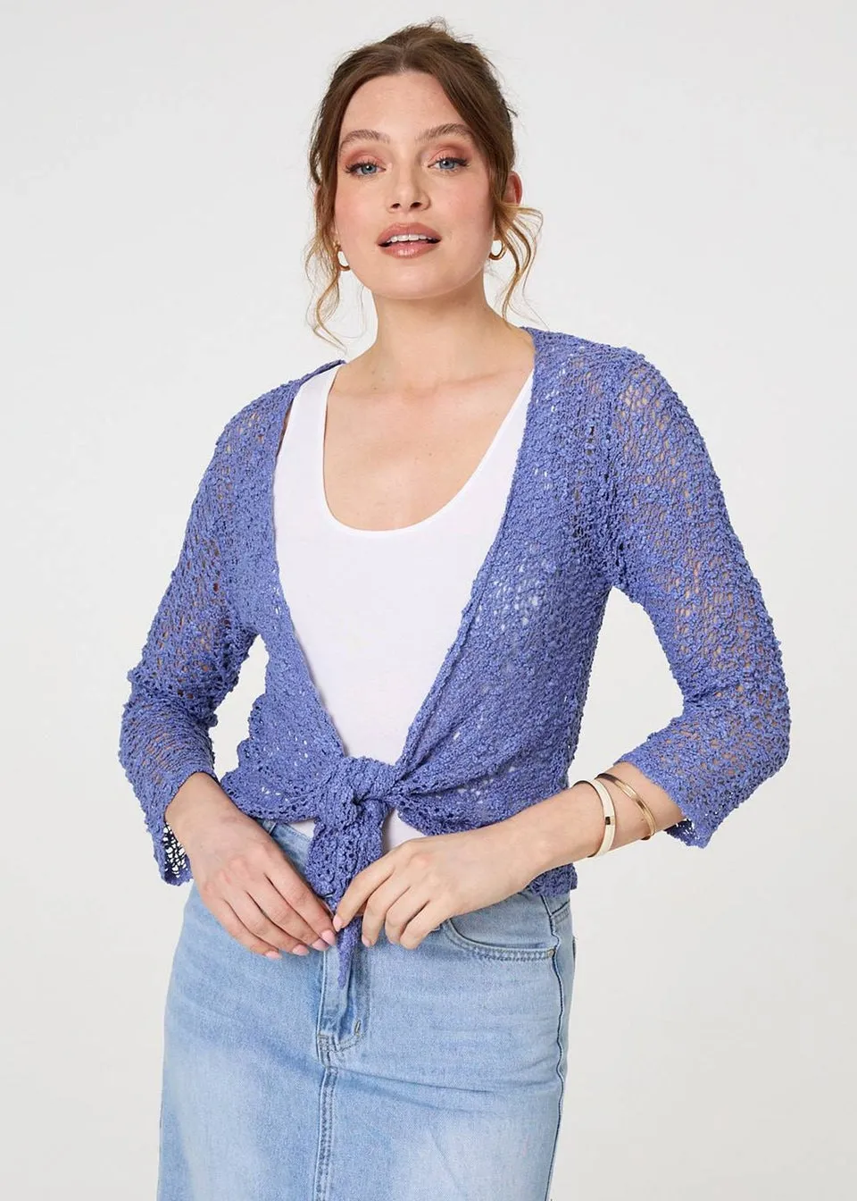 Izabel London Blue Crochet Open Knit Waterfall Cardigan
