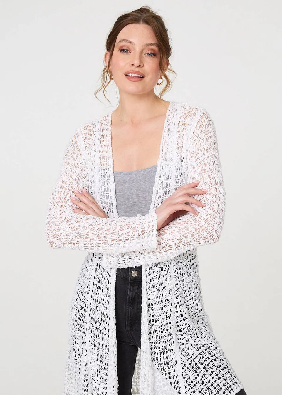 Izabel London White Crochet Knit Longline Waterfall Cardigan