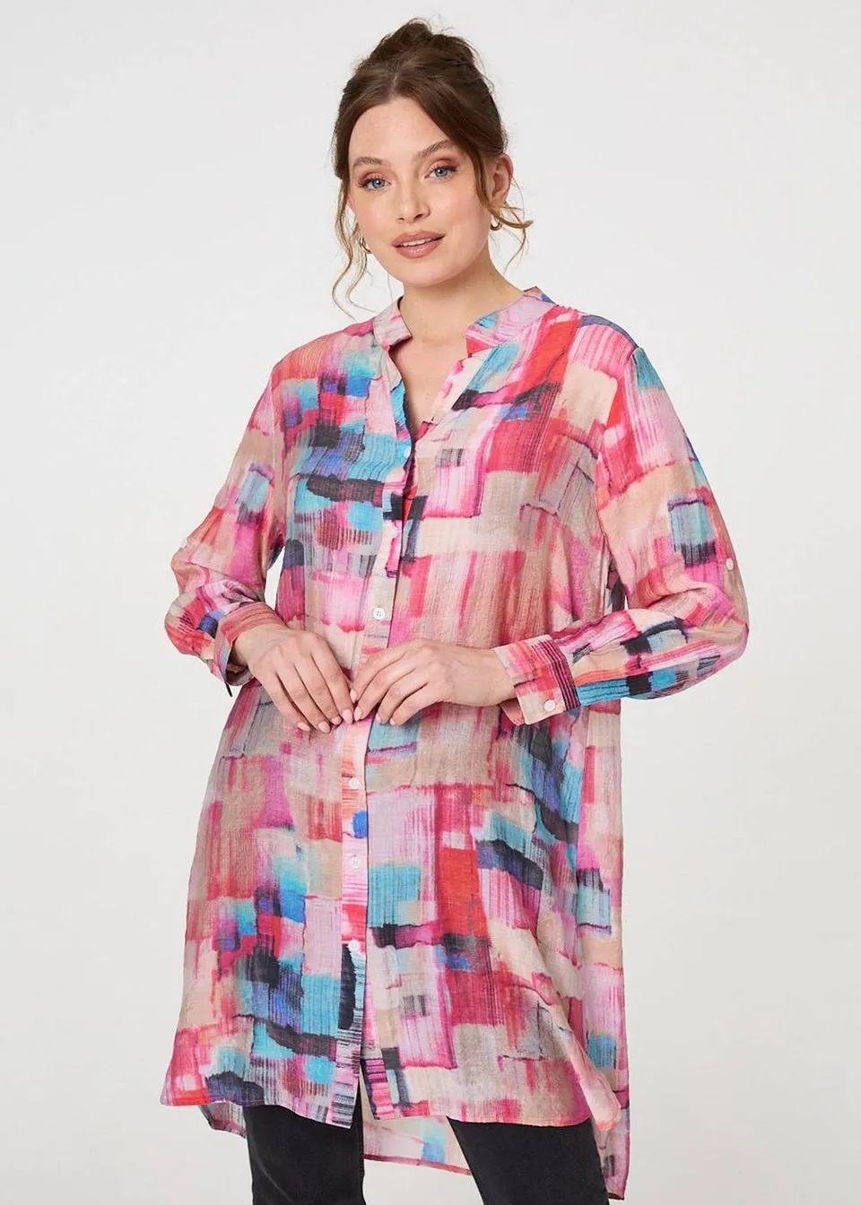 Izabel London Pink Printed Long Sleeve Semi Sheer Shirt