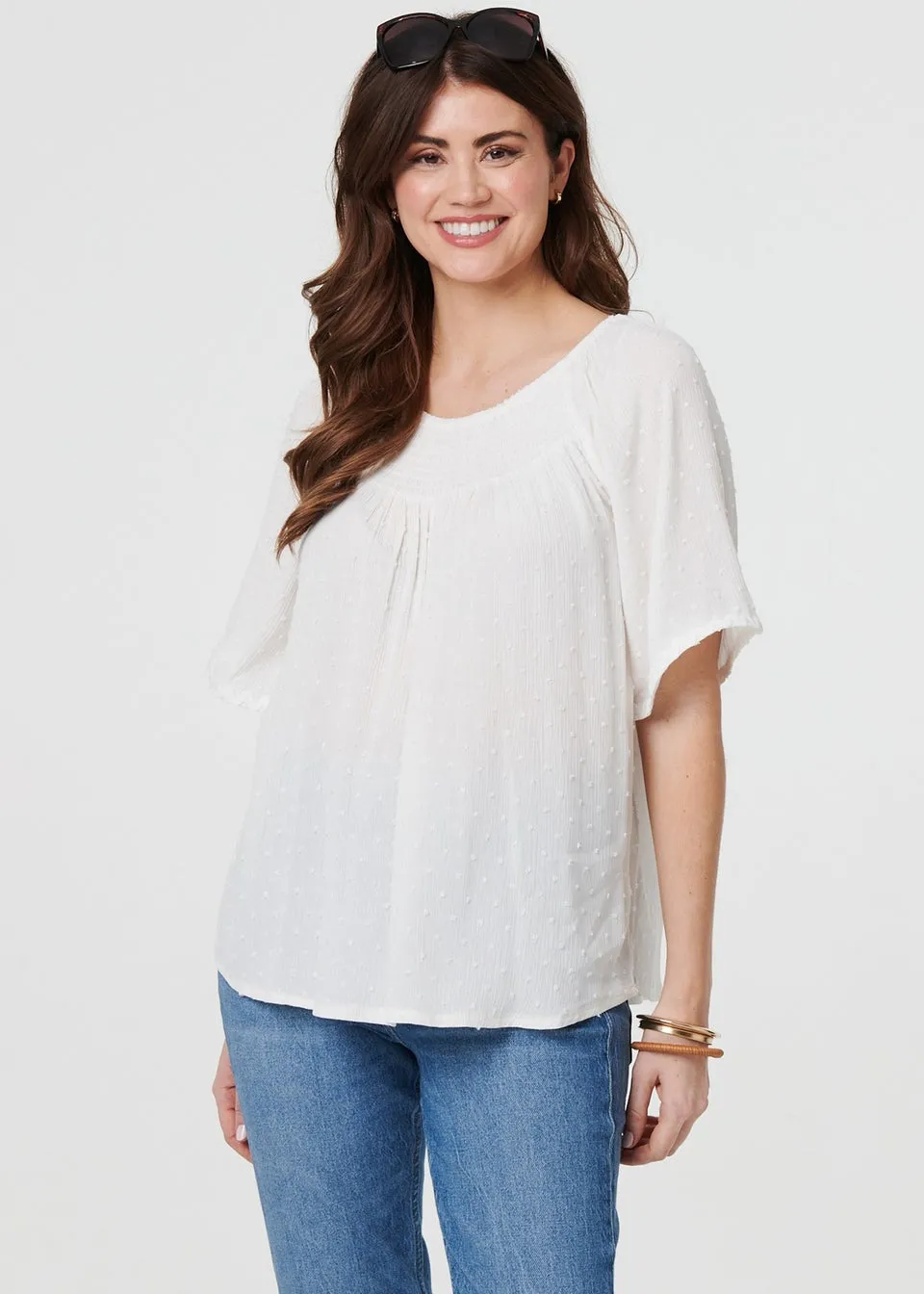 Izabel London White Textured Semi Sheer Shirred Bardot Top