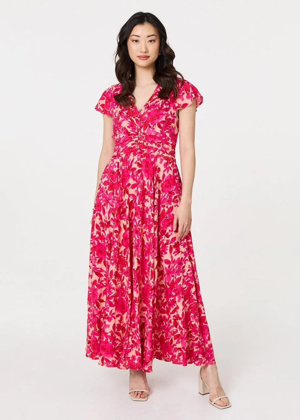 Izabel London Pink Floral Cap Sleeve Ruched Maxi Dress