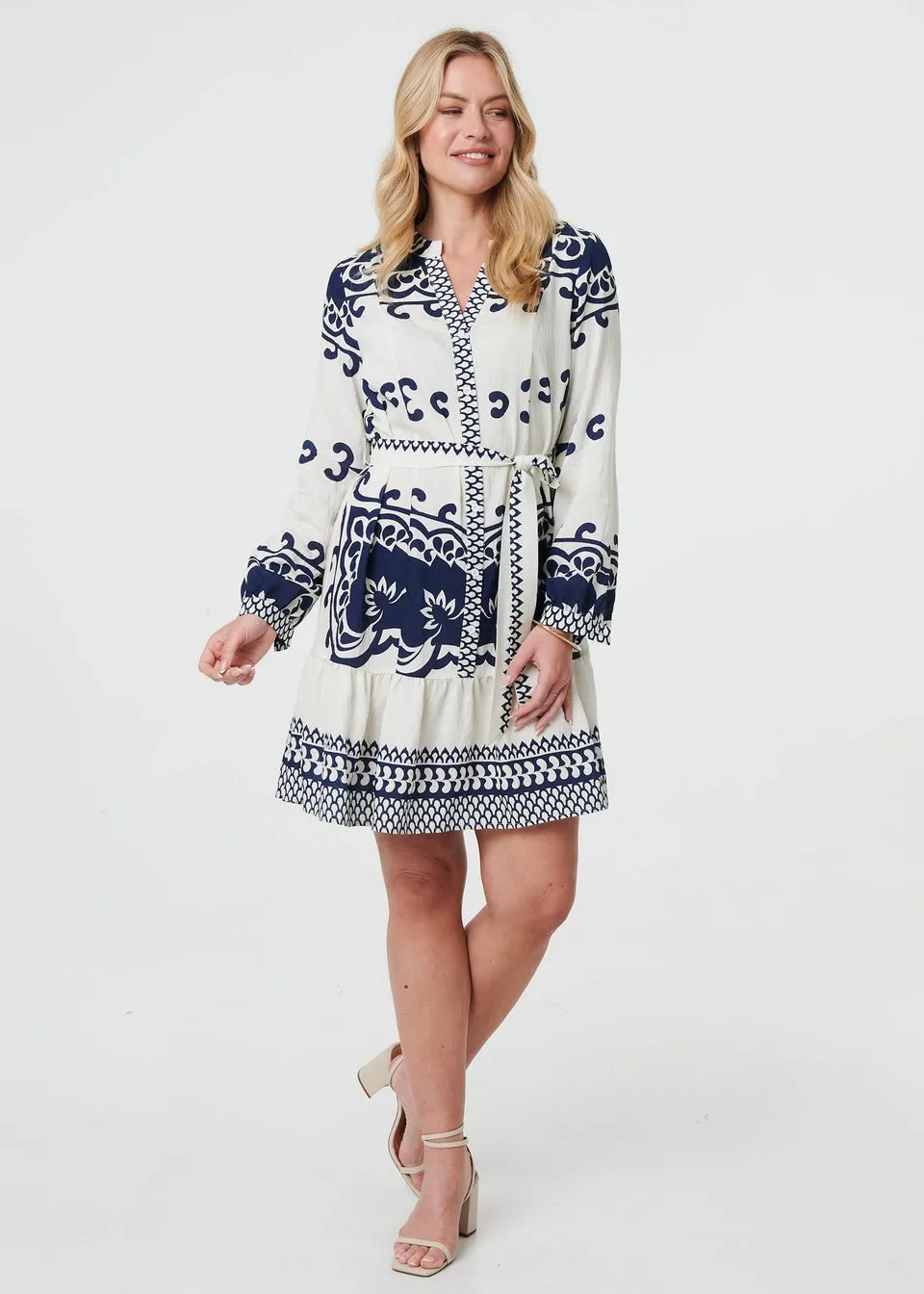 Izabel London Blue Border Print Tie Waist Short Shirt Dress