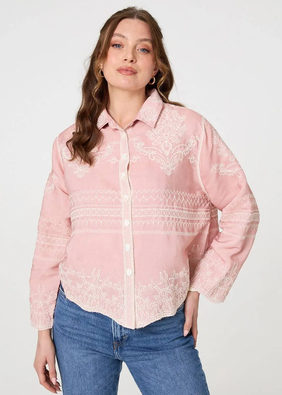 Izabel London Pink Embroidered Texture Long Sleeve Shirt