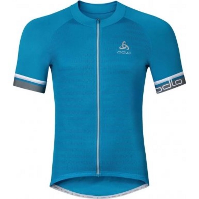 Cycling Jersey Odlo Mens Stand-Up Collar S/S Full Zip Breathe Blue Jewel Pattern
