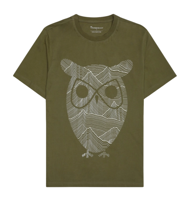 T-Shirt KnowledgeCotton Apparel Men Regular Mountain Owl Printed Burned Olive