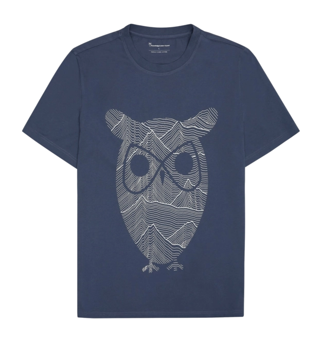 T-Shirt KnowledgeCotton Apparel Men Regular Mountain Owl Printed Vintage Indigo