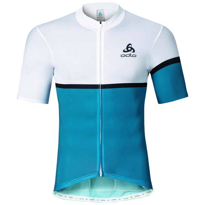 Cycling Jersey Odlo Mens Stand-Up Collar S/S Full Zip Kamikaze White Blue Jewel