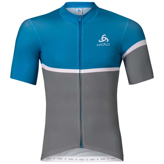 Cycling Jersey Odlo Mens Stand-Up Collar S/S Full Zip Kamikaze Blue Grey