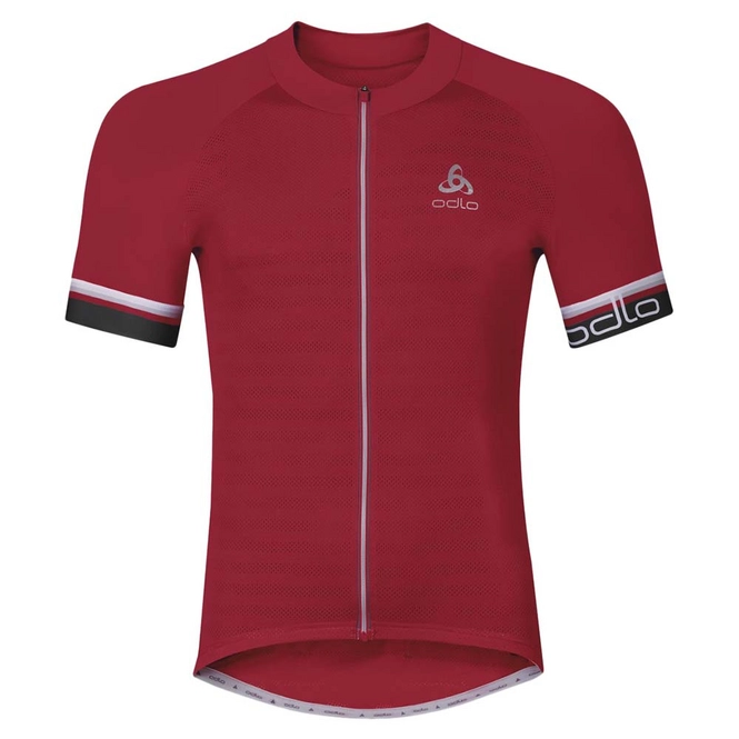 Cycling Jersey Odlo Mens Stand-Up Collar S/S Full Zip Breathe Red Pattern