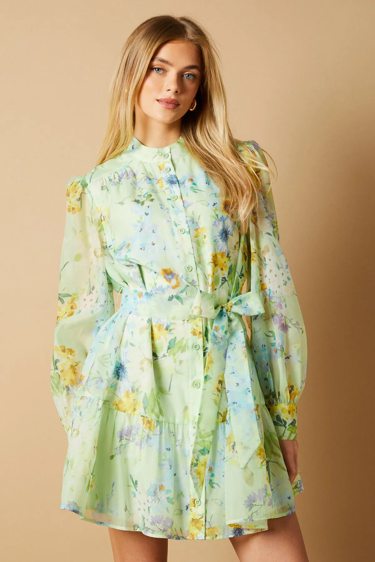 Sage Floral Organza Mini Shirt Dress