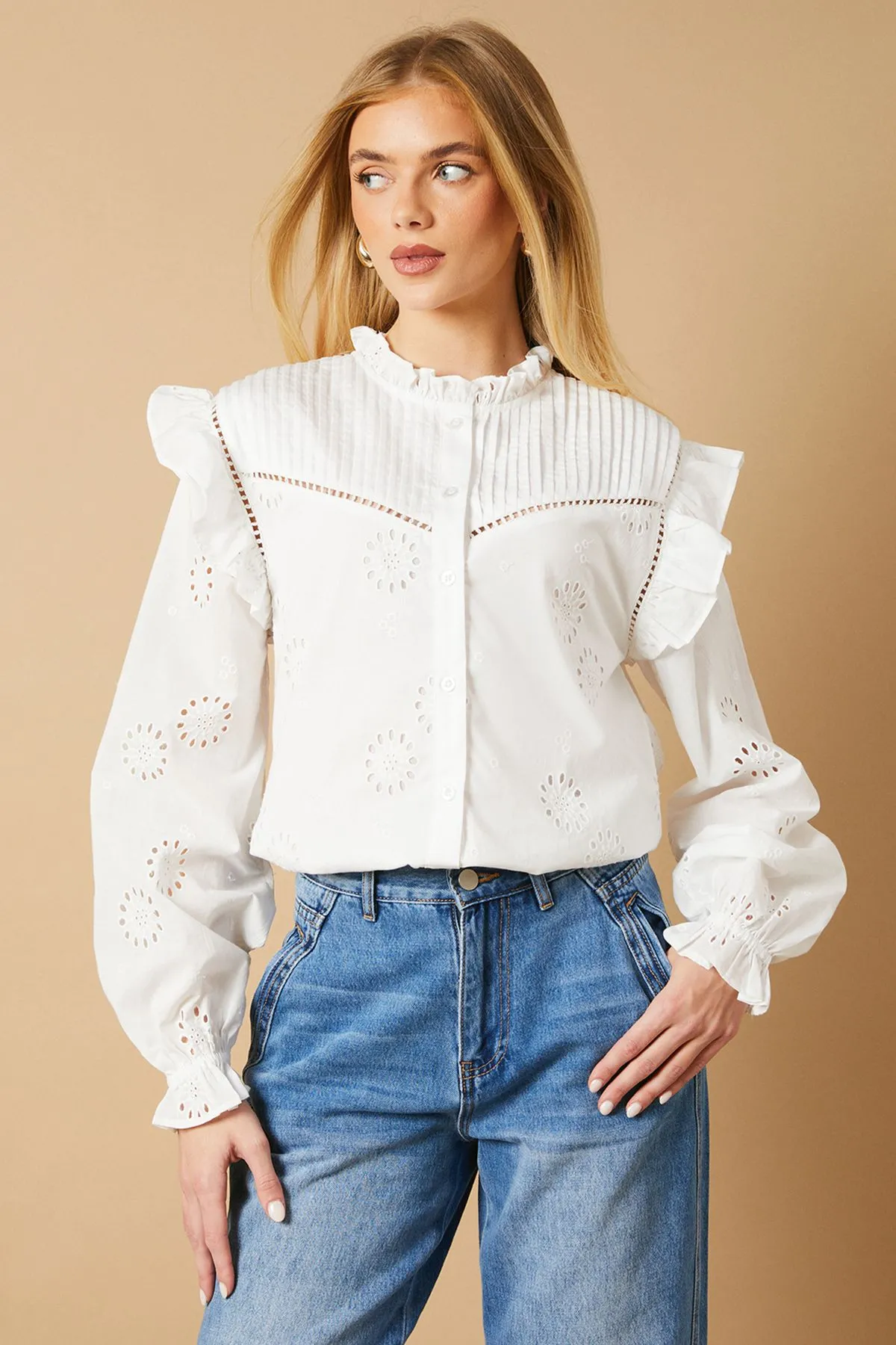 Broderie Pintuck Button Through Top