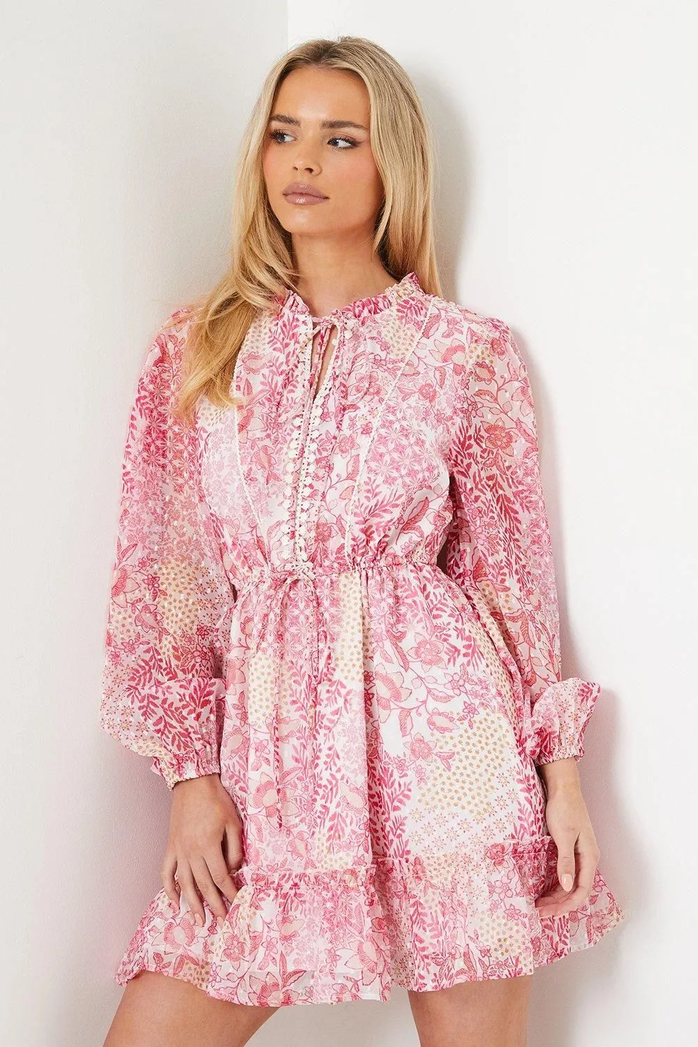 Petite Patchwork Floral Dobby Chiffon Mini Dress