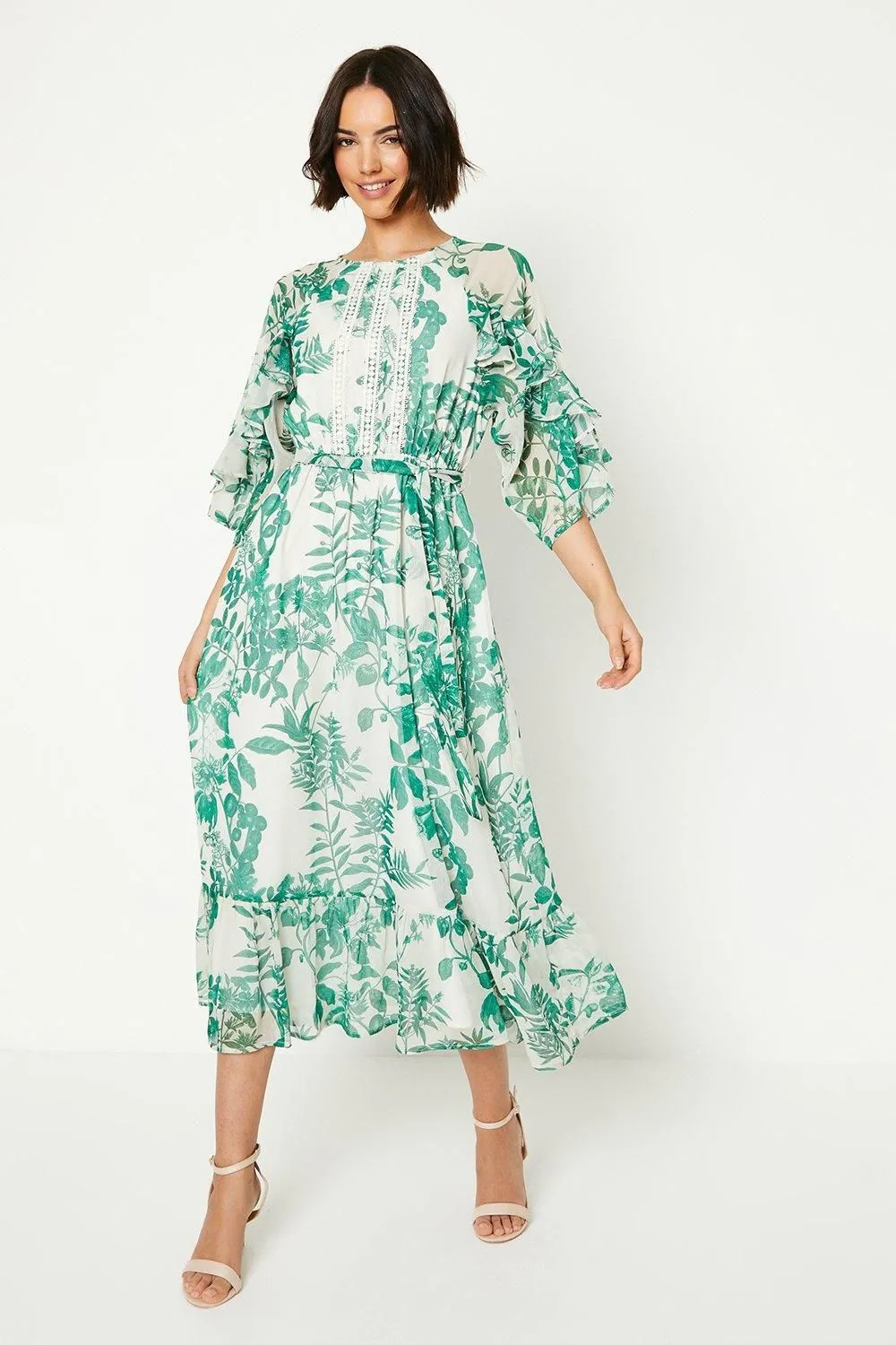 Green Floral Lace Trim Midaxi Dress