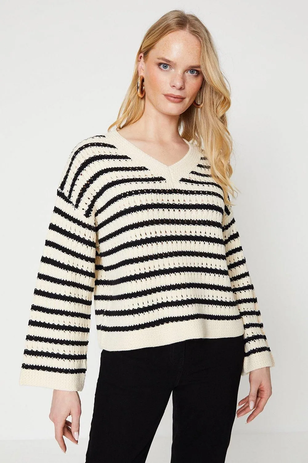 Pointelle Stripe V Neck Sweater