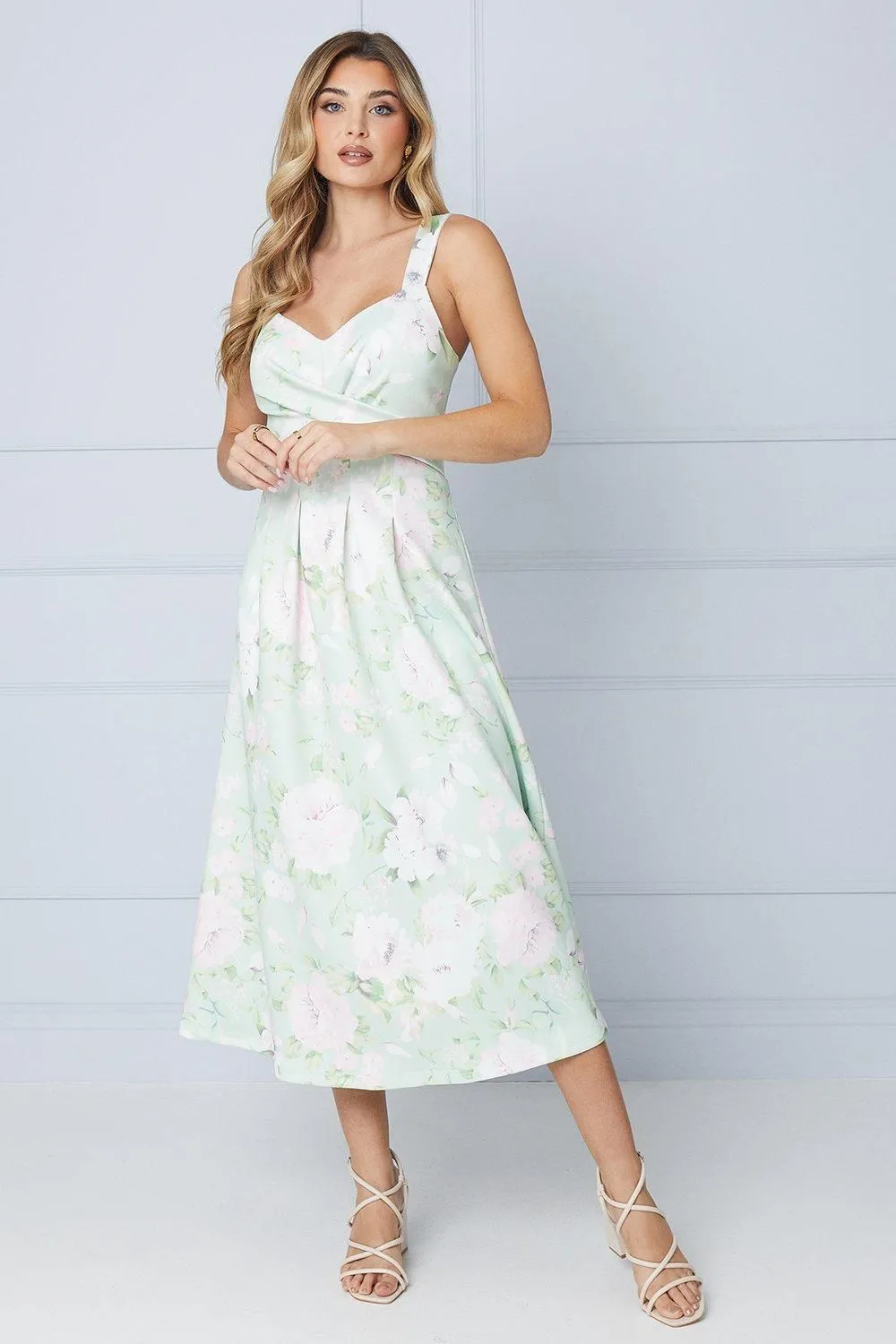 Navy Floral Twist Front Scuba Midi Dresss