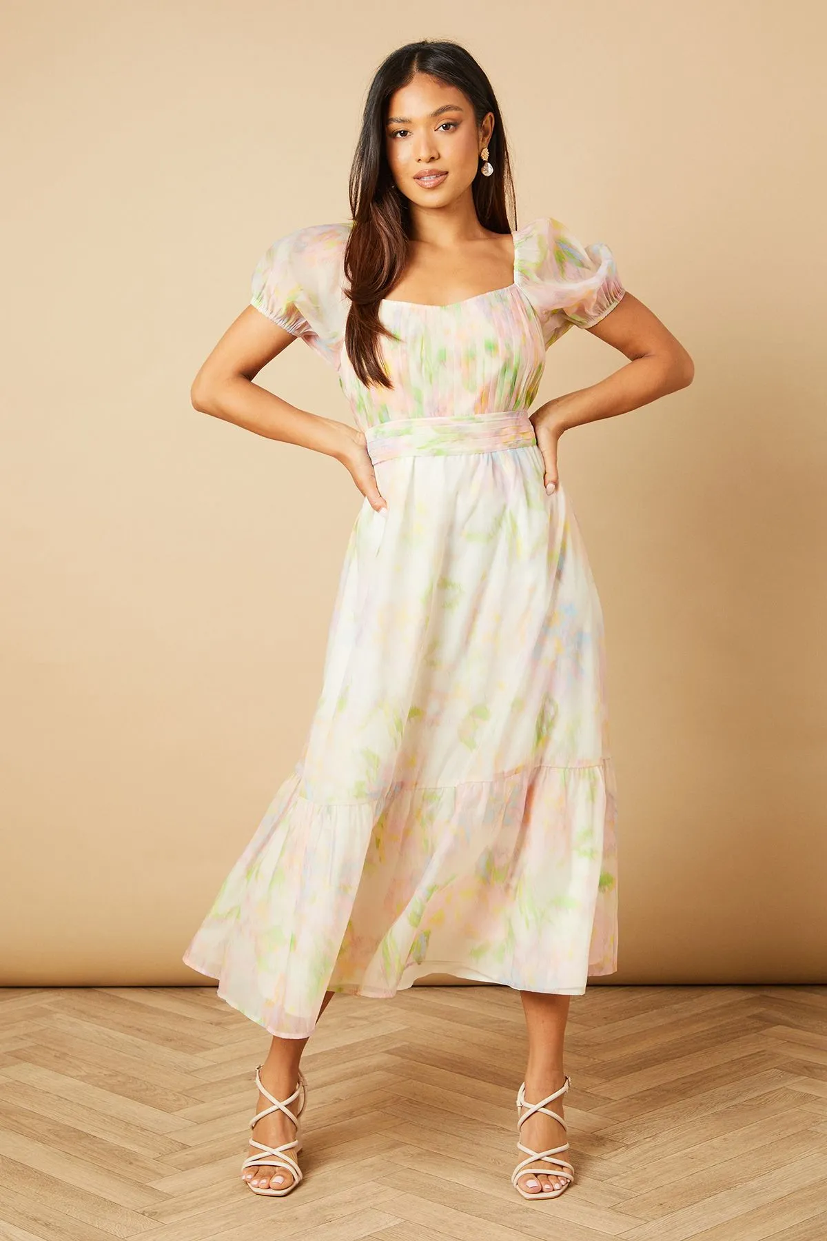 Petite Ruched Bust Organza Tiered Midi Dress