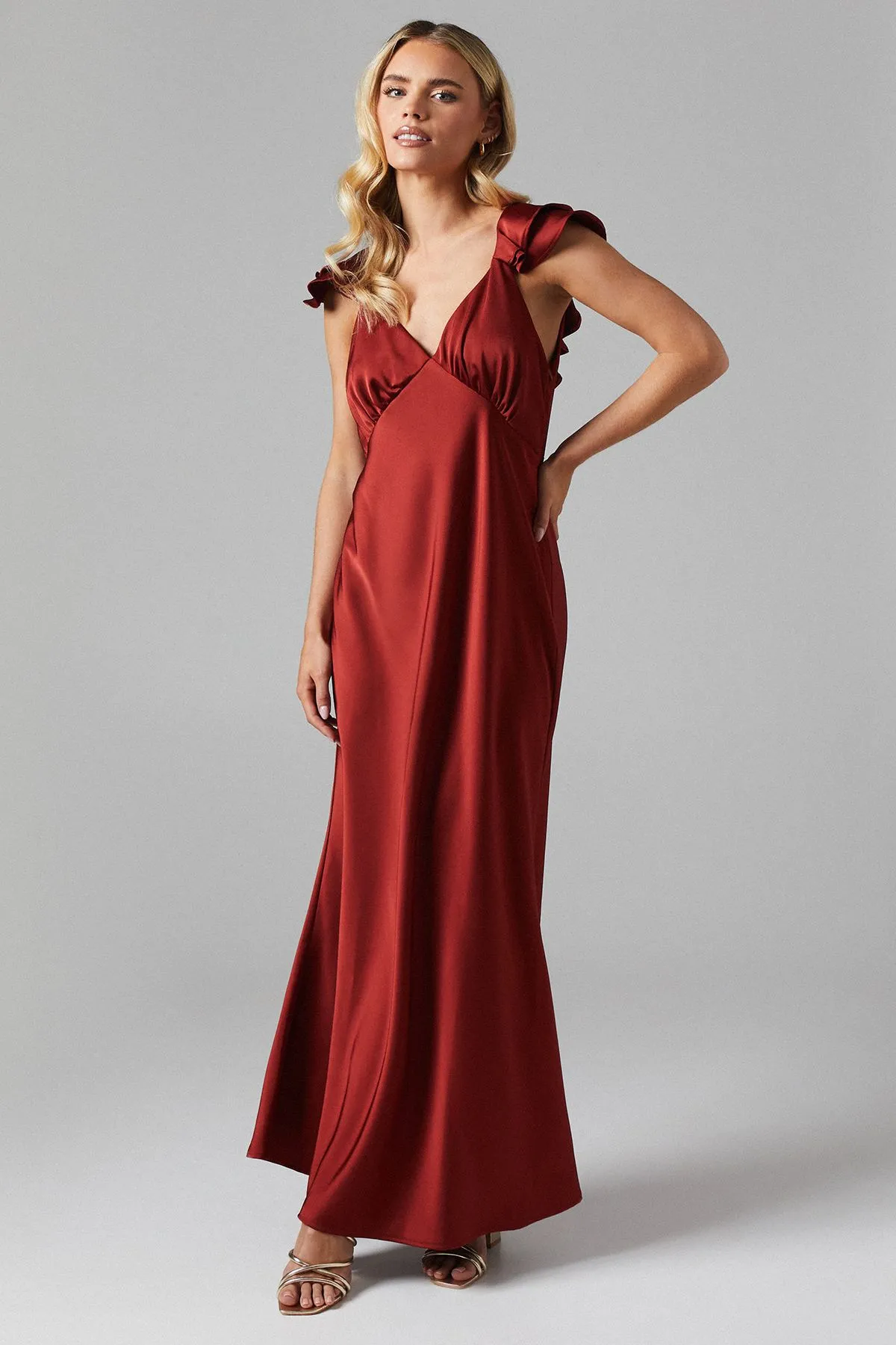Petite Ruffle Neckline Satin Maxi Bridesmaid Dress