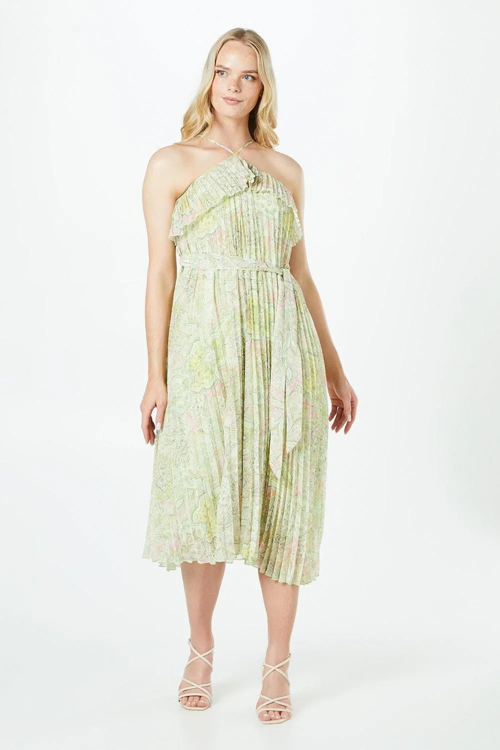 Pleated Halterneck Double Layer Midi Dress