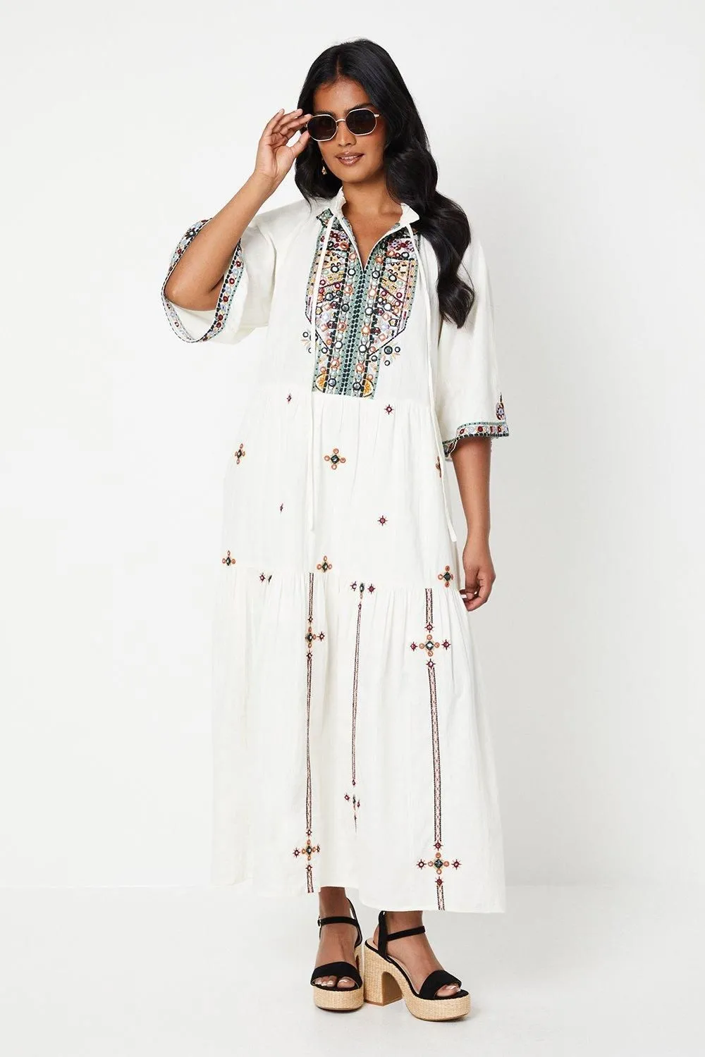 Embroidered Tie Neck Cotton Midi Dress