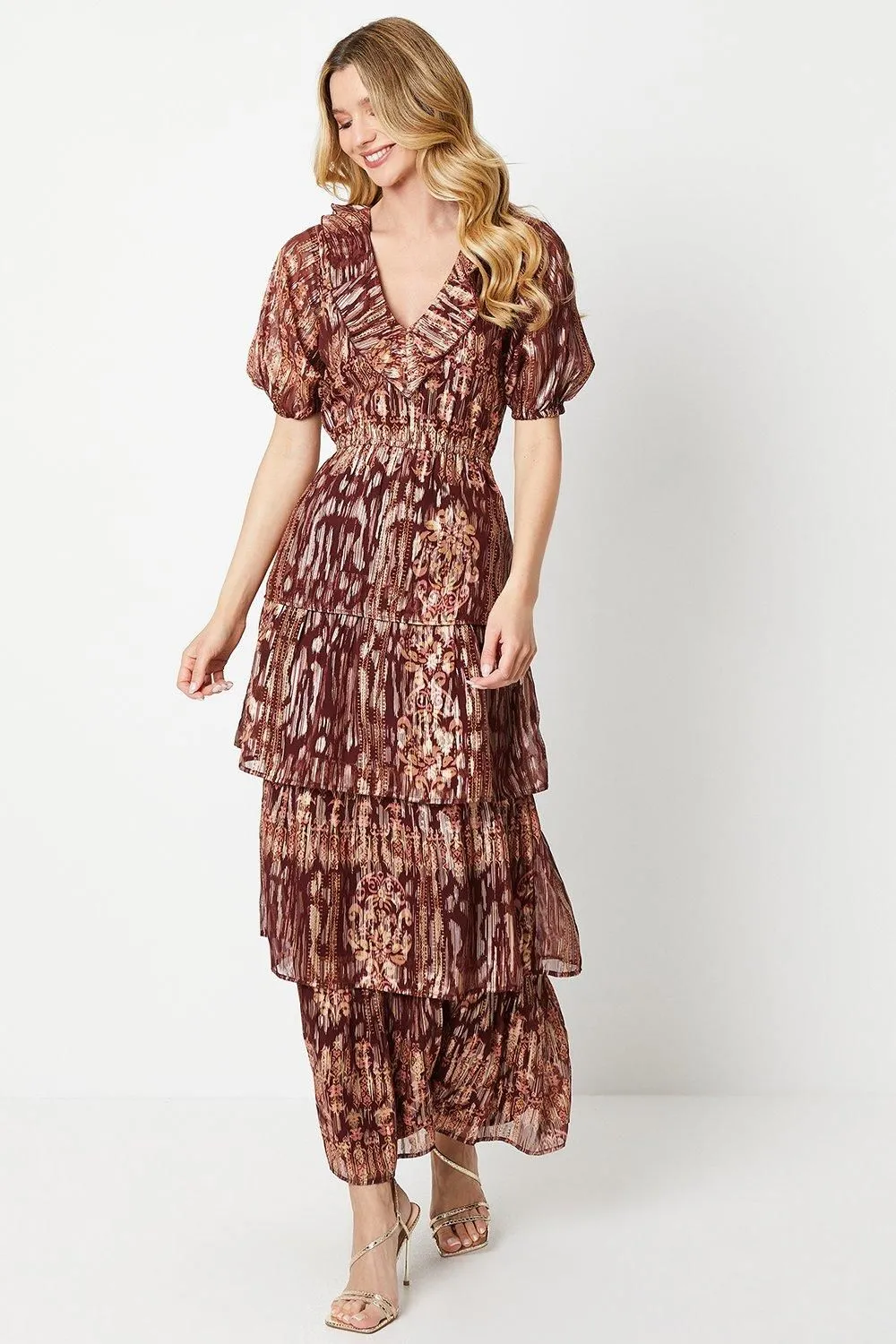 Ruffle Metallic Jacquard Tiered Midi Dress