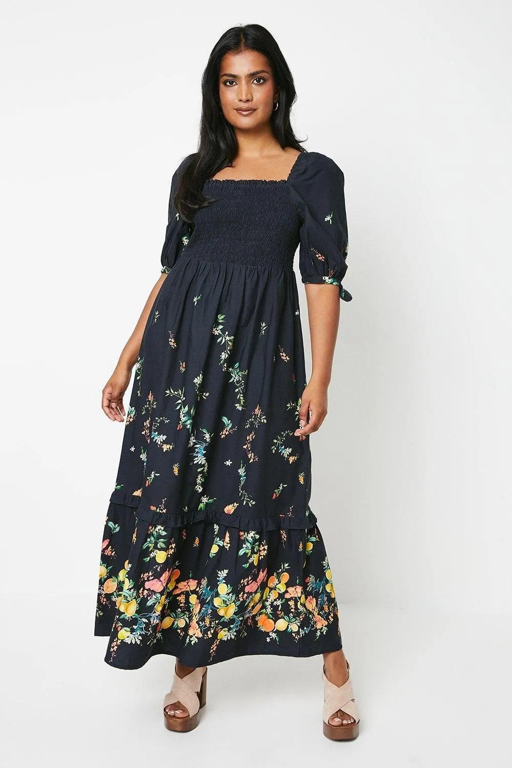 Fruit Placement Print Poplin Shirred Midi Dress