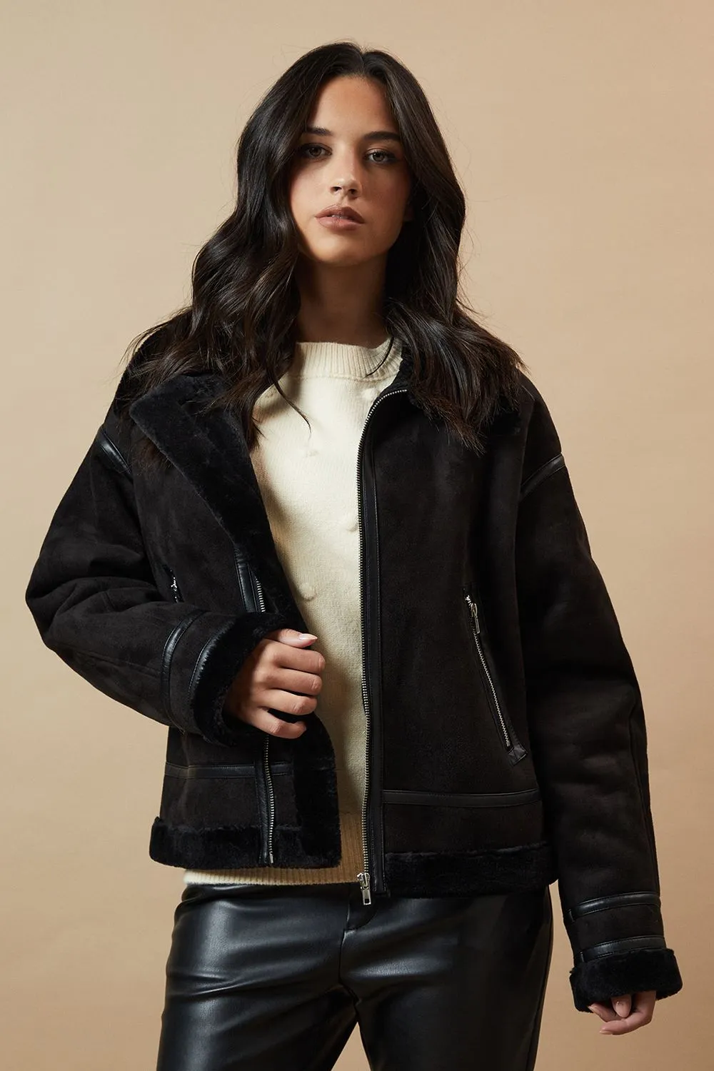 Zip Through Faux Leather Short Aviator Jacket