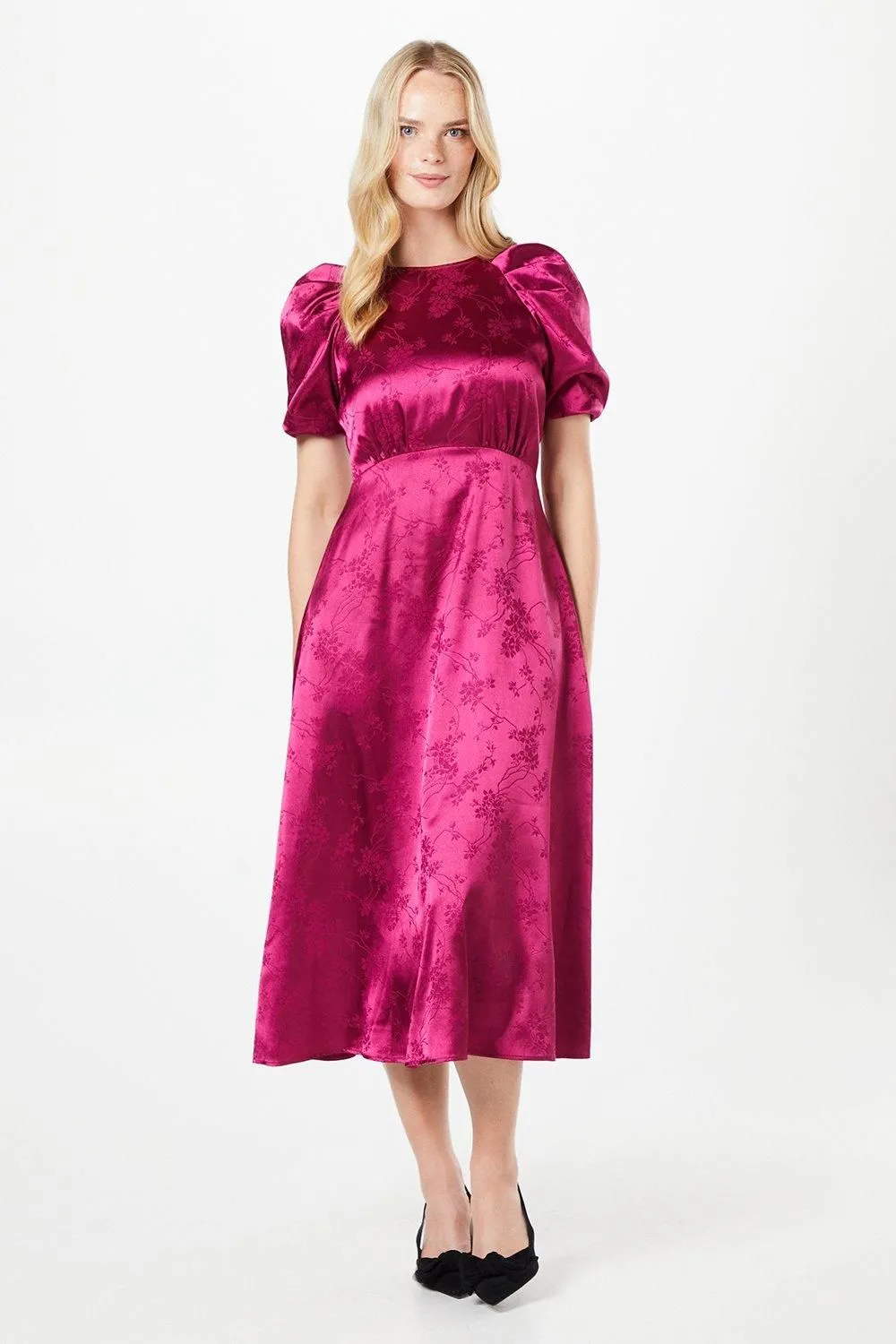 Pleat Sleeve Jacquard Satin Midi Dress