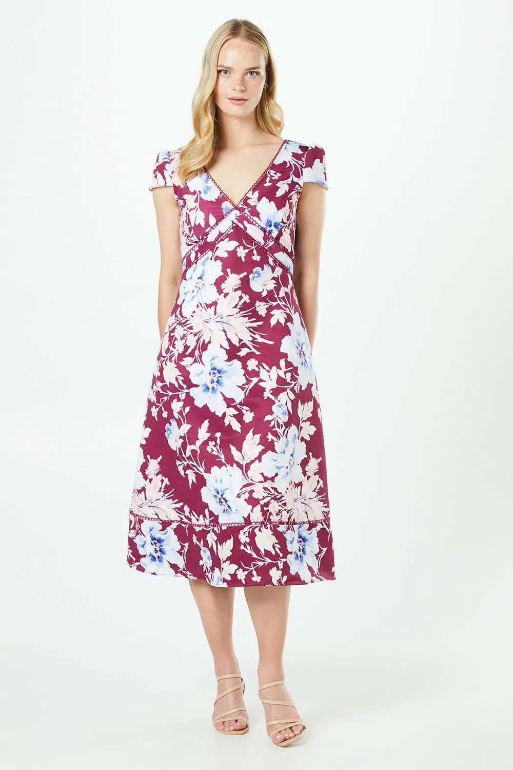 Floral Lace Trim Ottoman Midi Dress