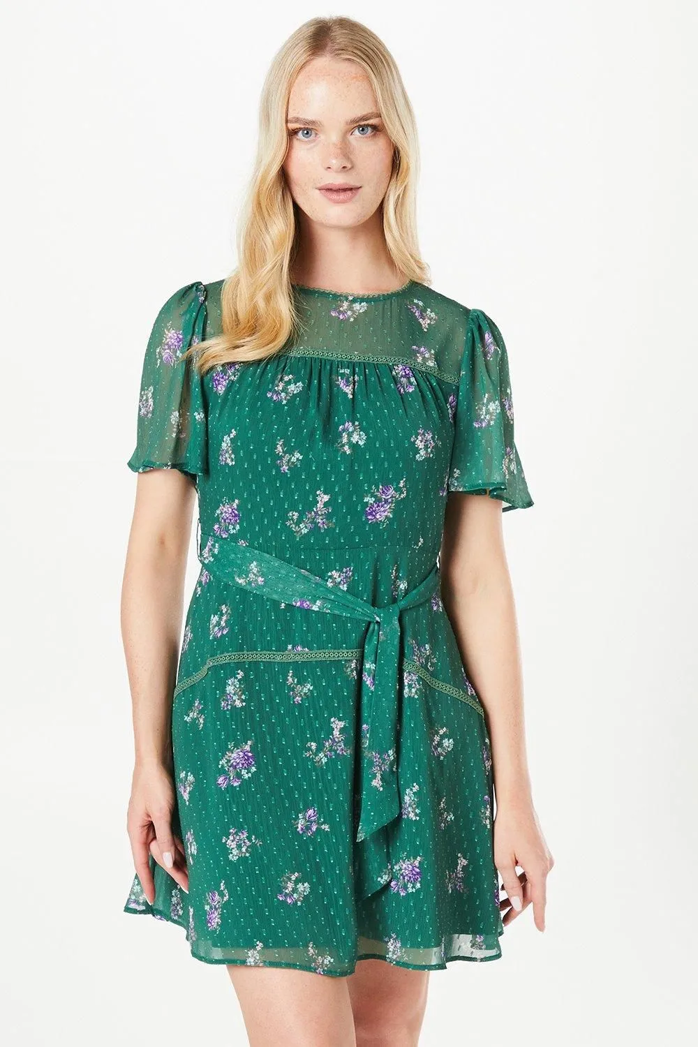 Floral Dobby Lace Insert Mini Dress