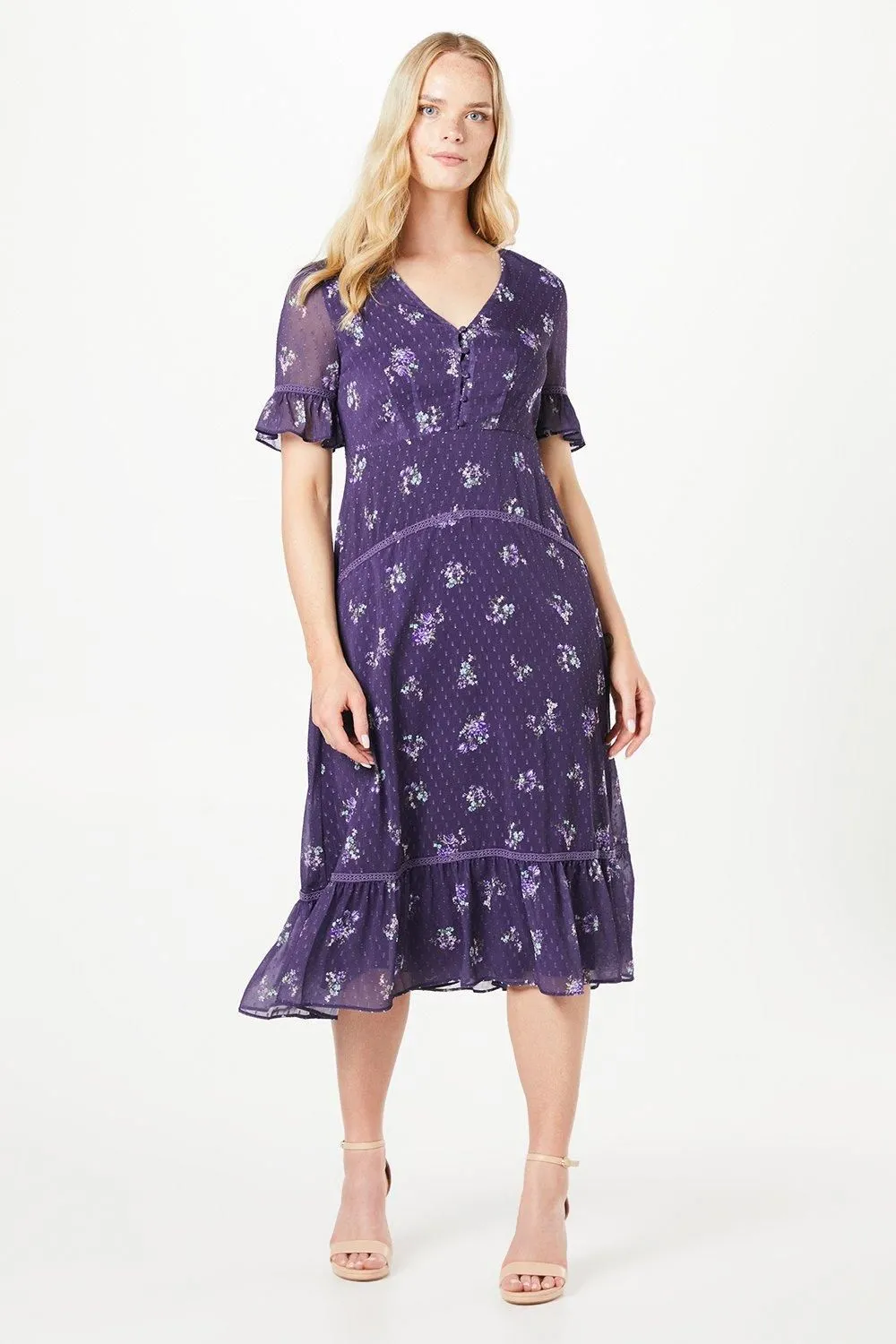 Petite Floral Dobby Button Midi Dress