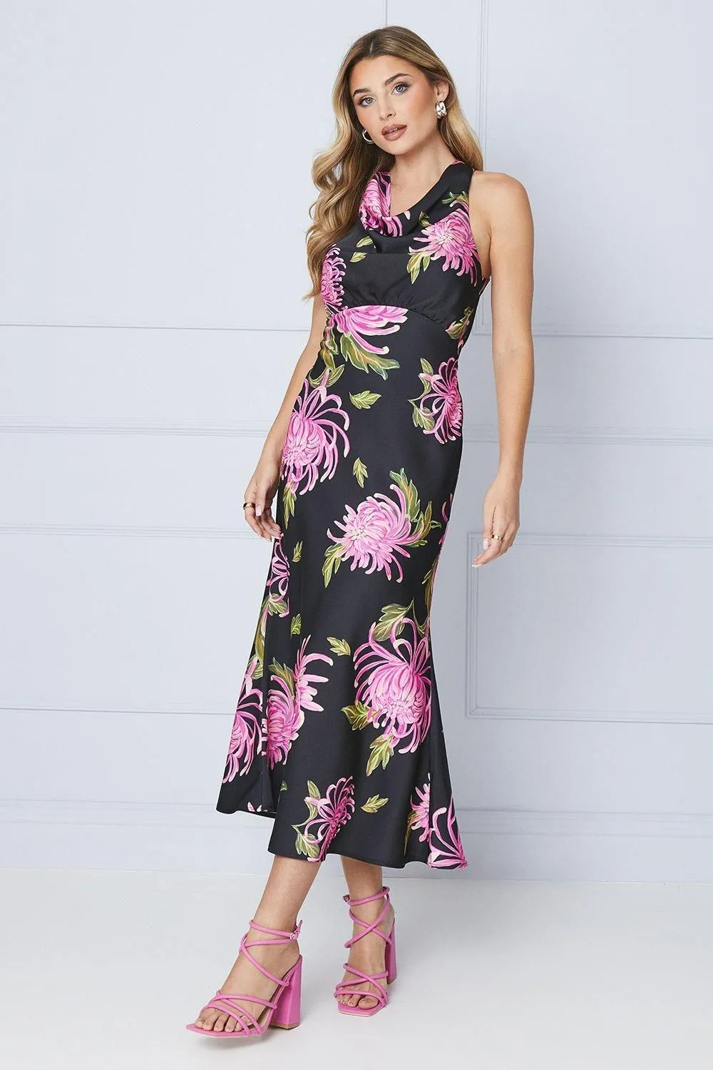 Occasion Petite Floral Satin Cross Back Midi Dress