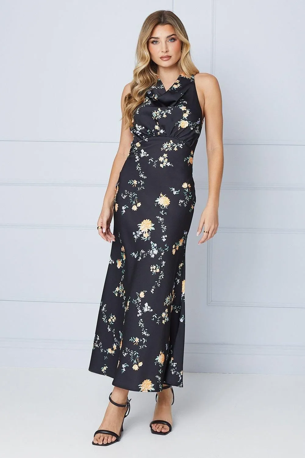 Occasion Floral Satin Cross Back Midi Dress