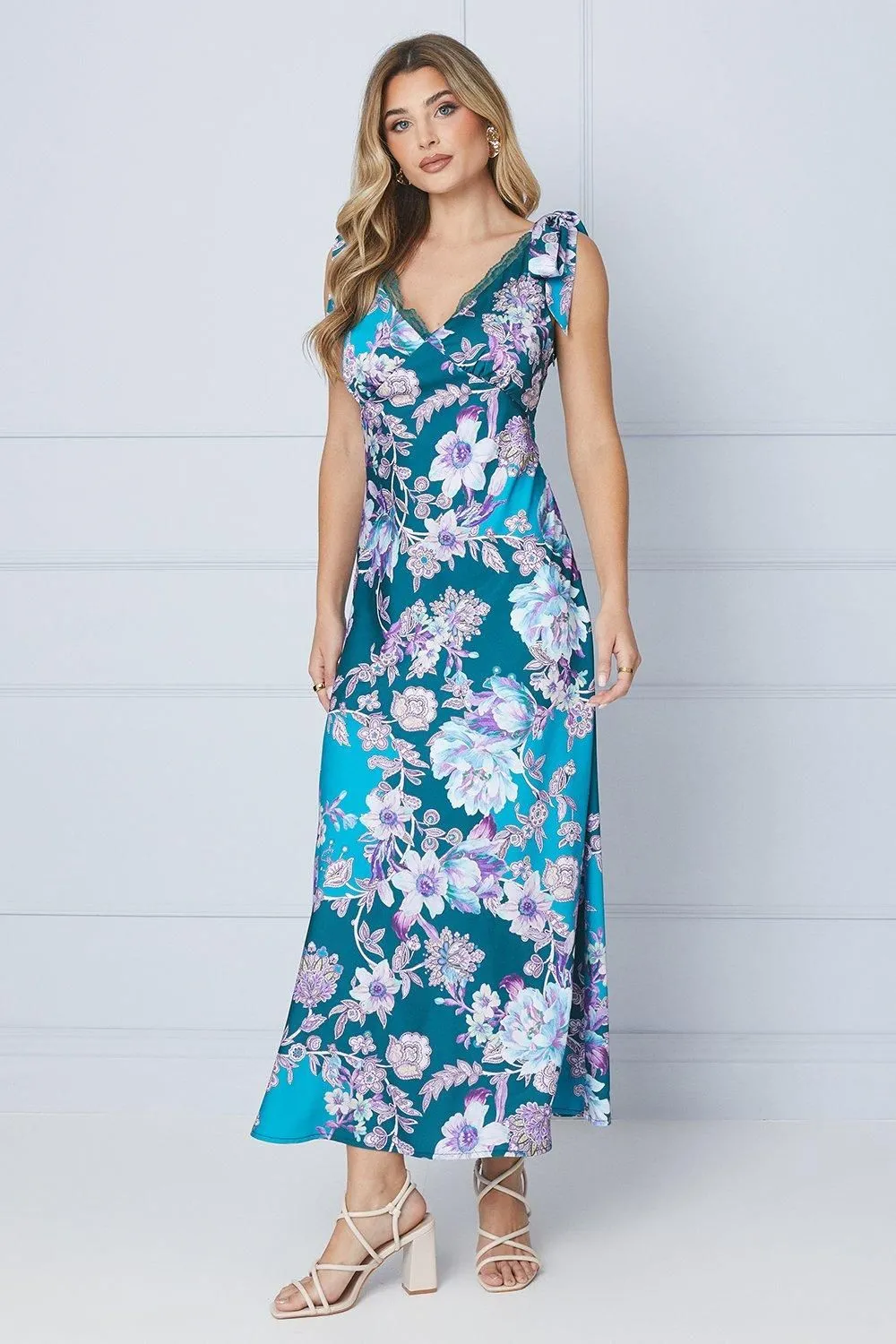 Occasion Floral Satin Lace Insert Midi Dress