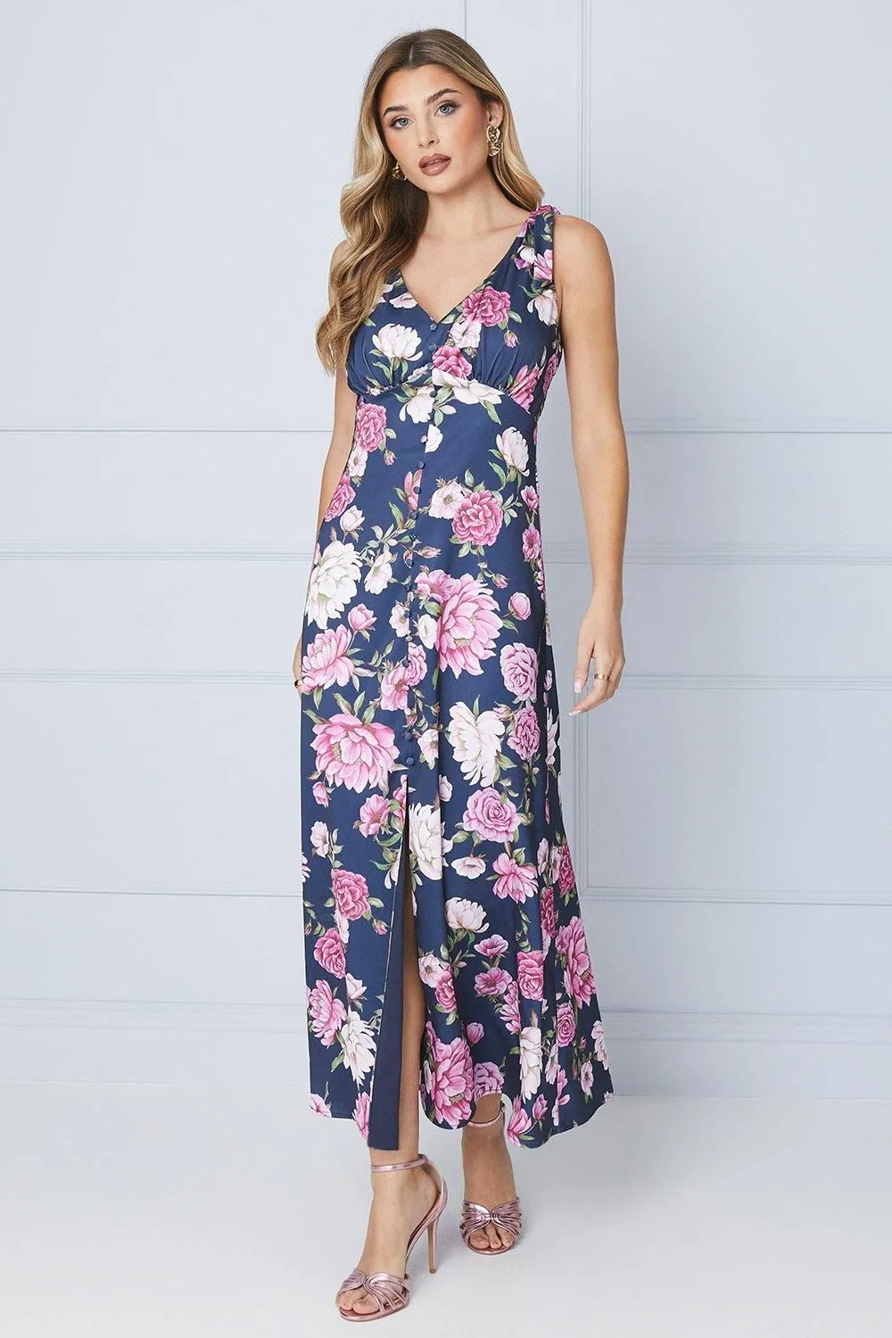 Occasion Floral Satin Button Midi Dress