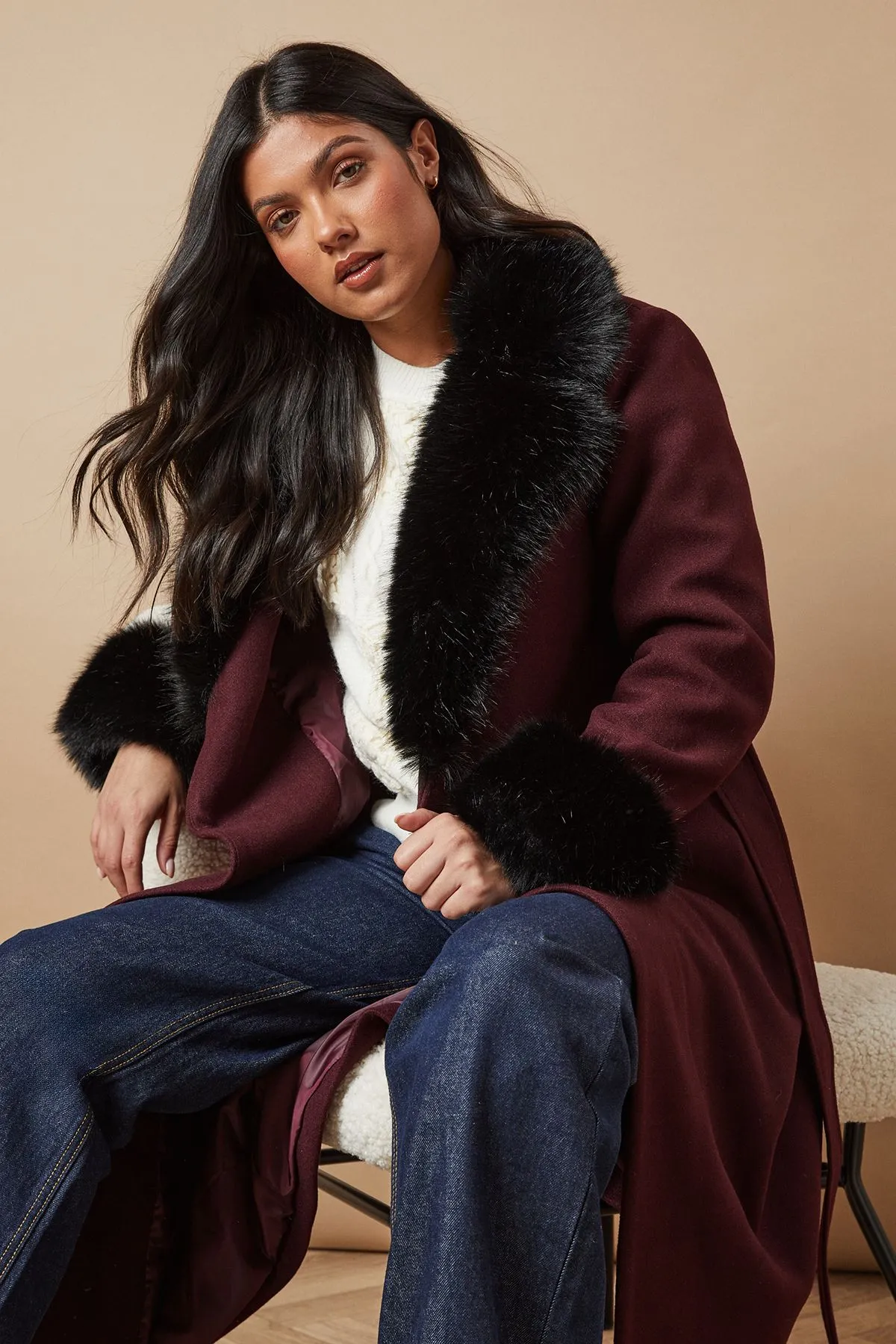 Belted Fur Collar Coat