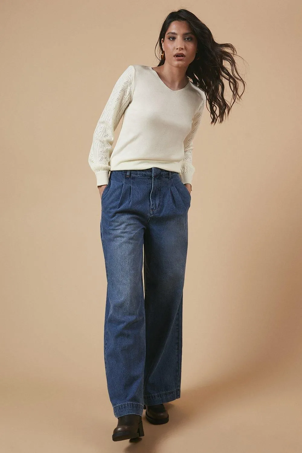 Pointelle Sleeve V Neck Jumper