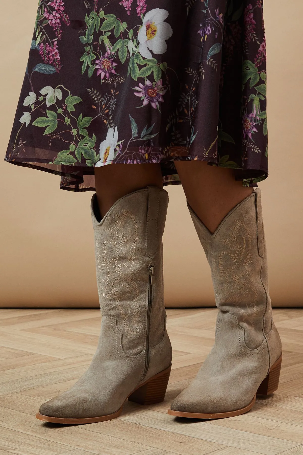 Jaala Leather Stitch Detail Western Calf Boots