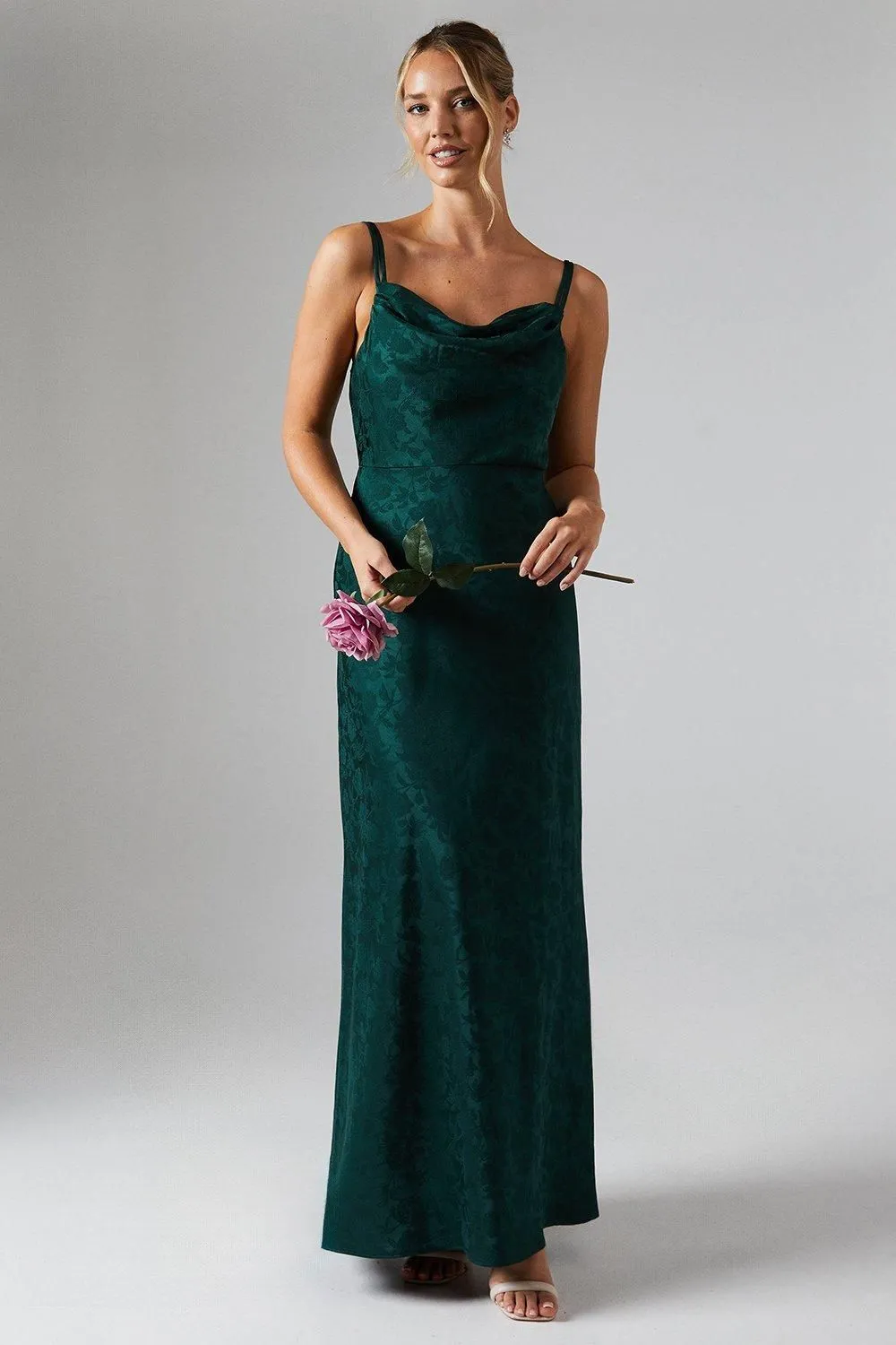 Double Strap Cowl Neck Satin Jacquard Bridesmaid Dress