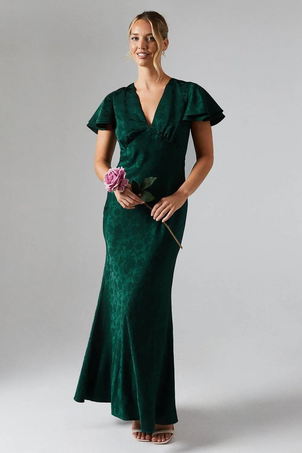 V Neck Angel Sleeve Satin Jacquard Bridesmaid Dress